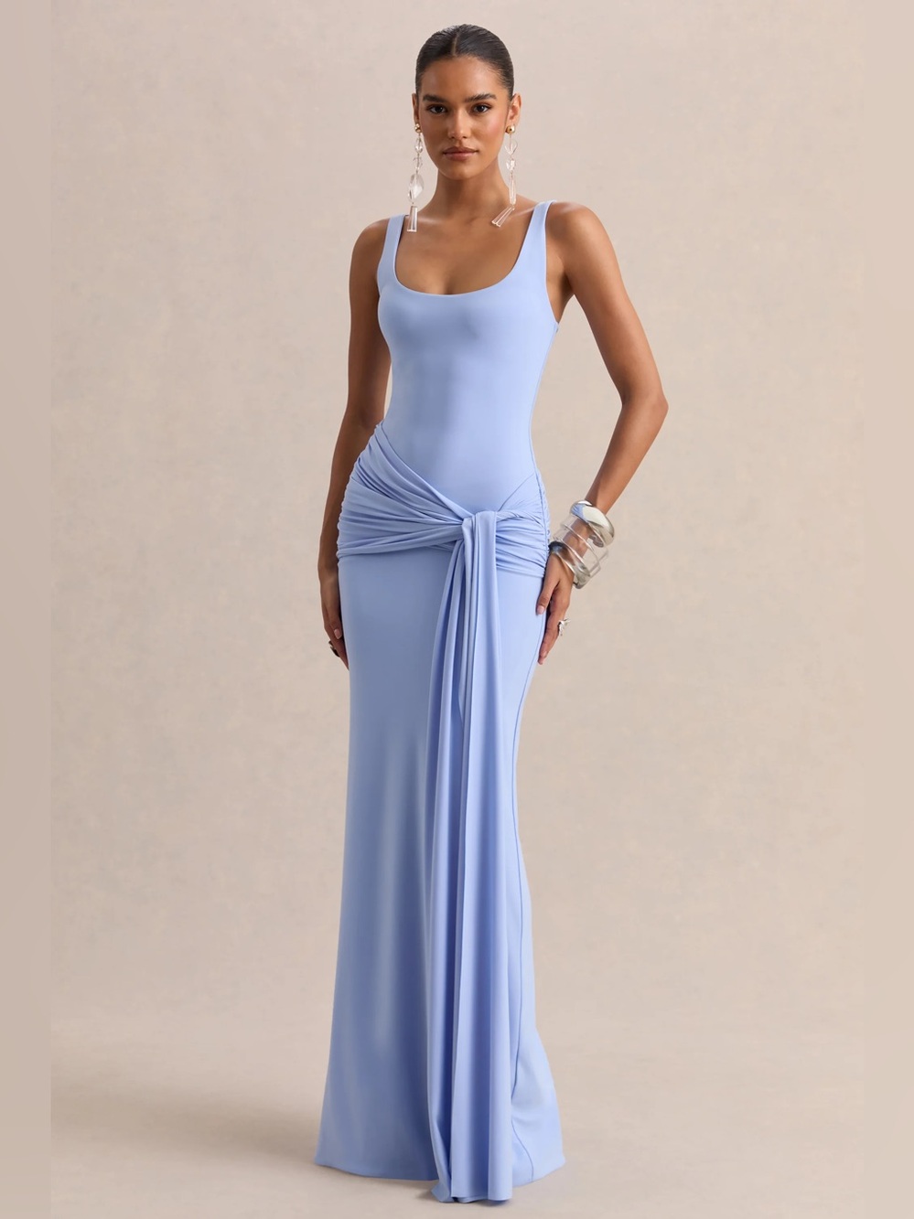 NWT Club L London Powder Blue Scoop-Neck Maxi Dress Gathered-Detail & Sash Sz 10 - Picture 1 of 11